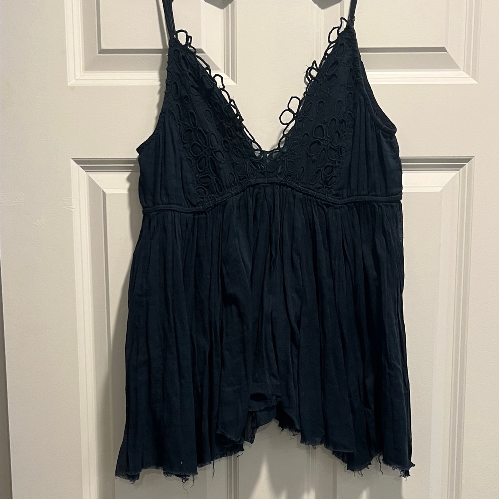 Free People Black Lace-Trimmed Gauze Camisole